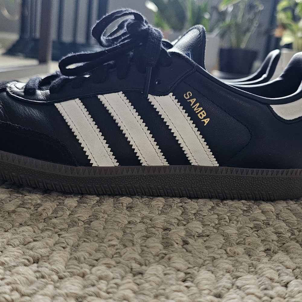 Adidas Samba Black with White Stripes and Gold Lettering